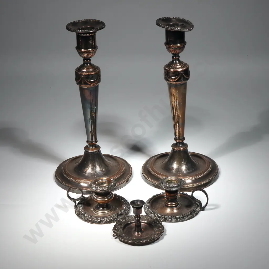 Pair of Sheffield Plate Candlesticks, Pair Of Sheffield Plate Wee Willie Winkie Candlesticks &  Small Quadruple Plate  Image 1++
