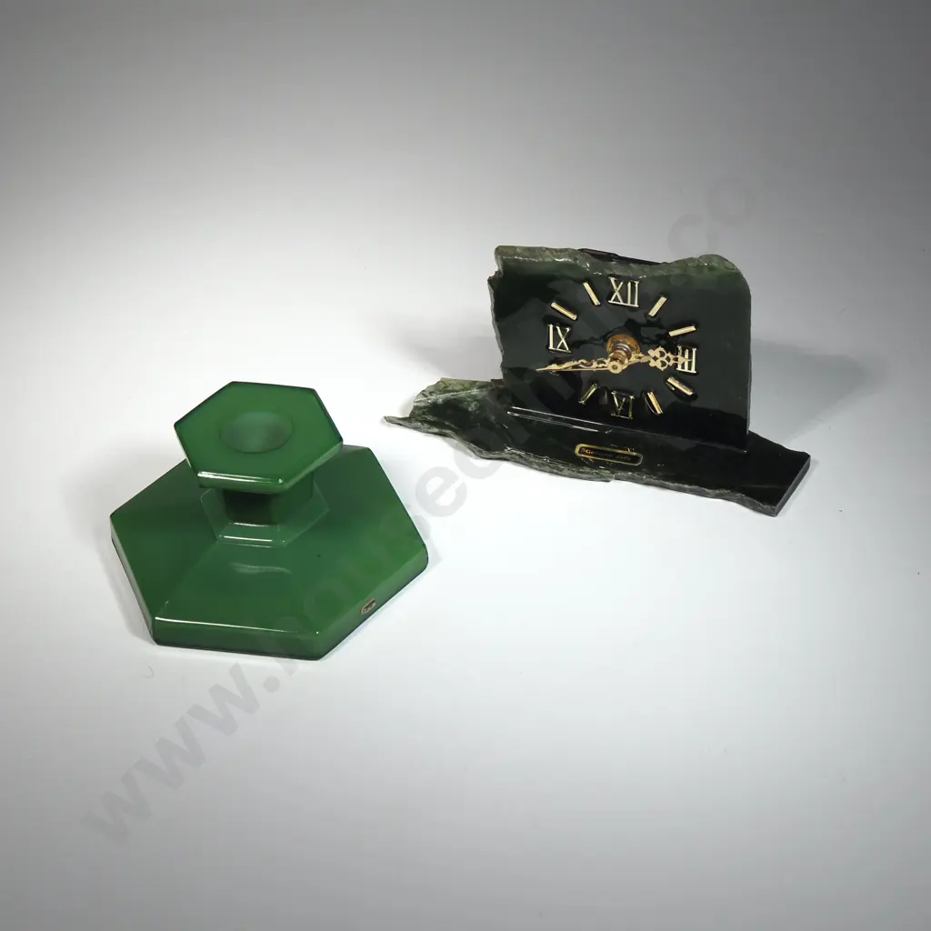 Art Deco Hexagonal Green Glass Candlestick & a Small Jade Mantle Clock Image 1++