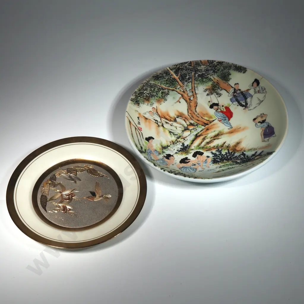 Collectible Porcelain Plate Titled  "Scene on Tano Day by Korean Shin Yun-bok & A Chokin Plate "Hummingbird & Fuchsia" Image 1++