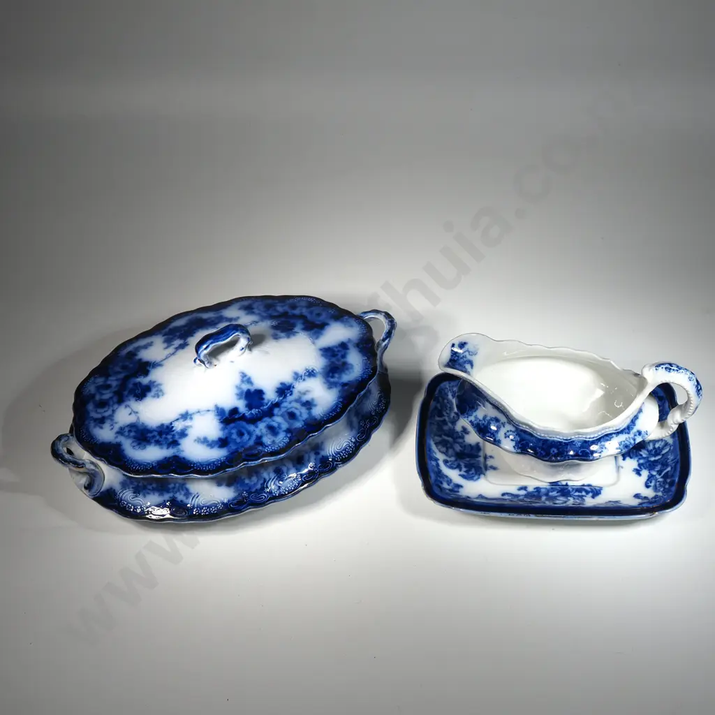 Flow Blue Tureen & Cover & A Gravy Boat in the Florentine Pattern & a Woods & Sons Flow Blue Underdish Image 1++