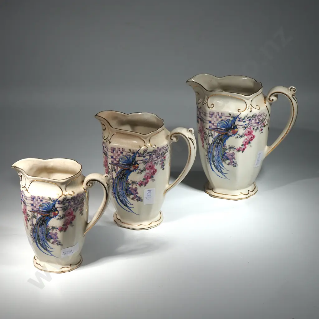 Three Vintage Graduating Bird of Paradise & Flower Accented Jugs Image 1++