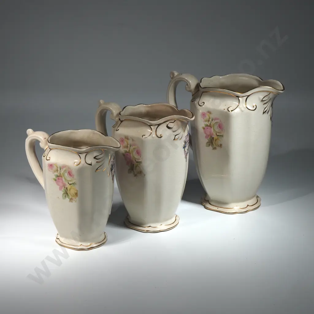 Three Vintage Graduating Bird of Paradise & Flower Accented Jugs Image 1++