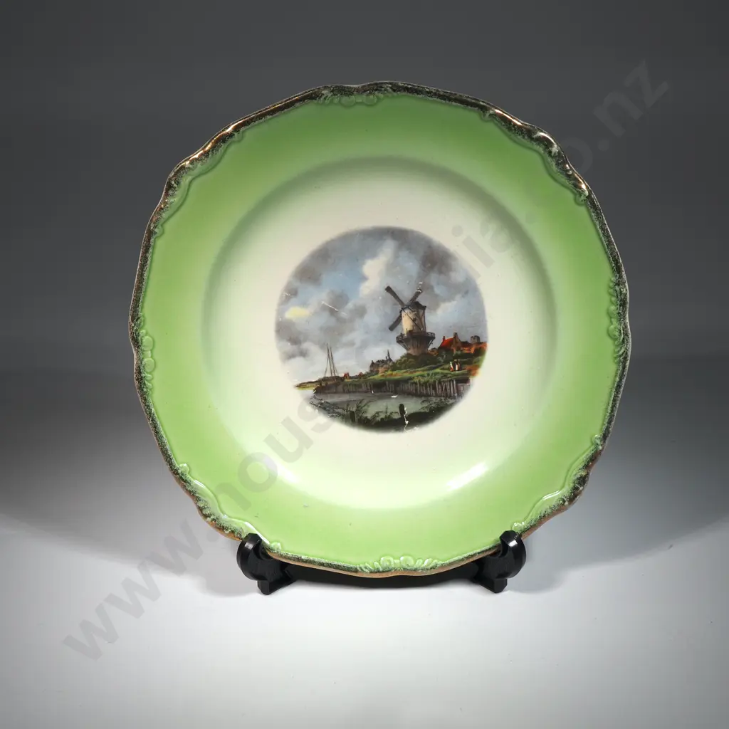 Crown Lynn Plate Featuring a  Windmill & w Green & Gilt Surround Image 1++