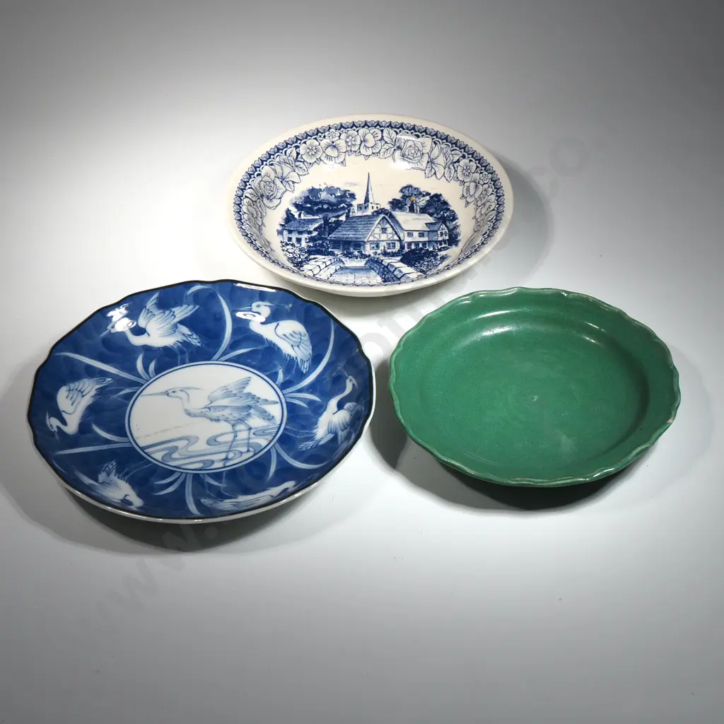 Three Various Plates, One Green Majolica Plate, Crown Lynn Avondale selection Blue Bridge plate Made in New Zealand Image 1++