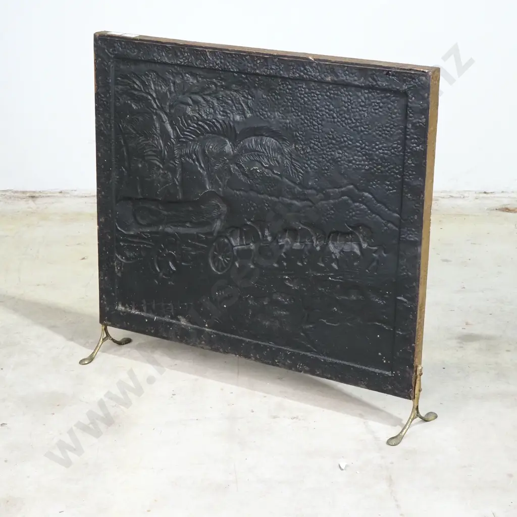 Vintage Brass Fire Screen Featuring a Colonial  Logging Scene Image 1++