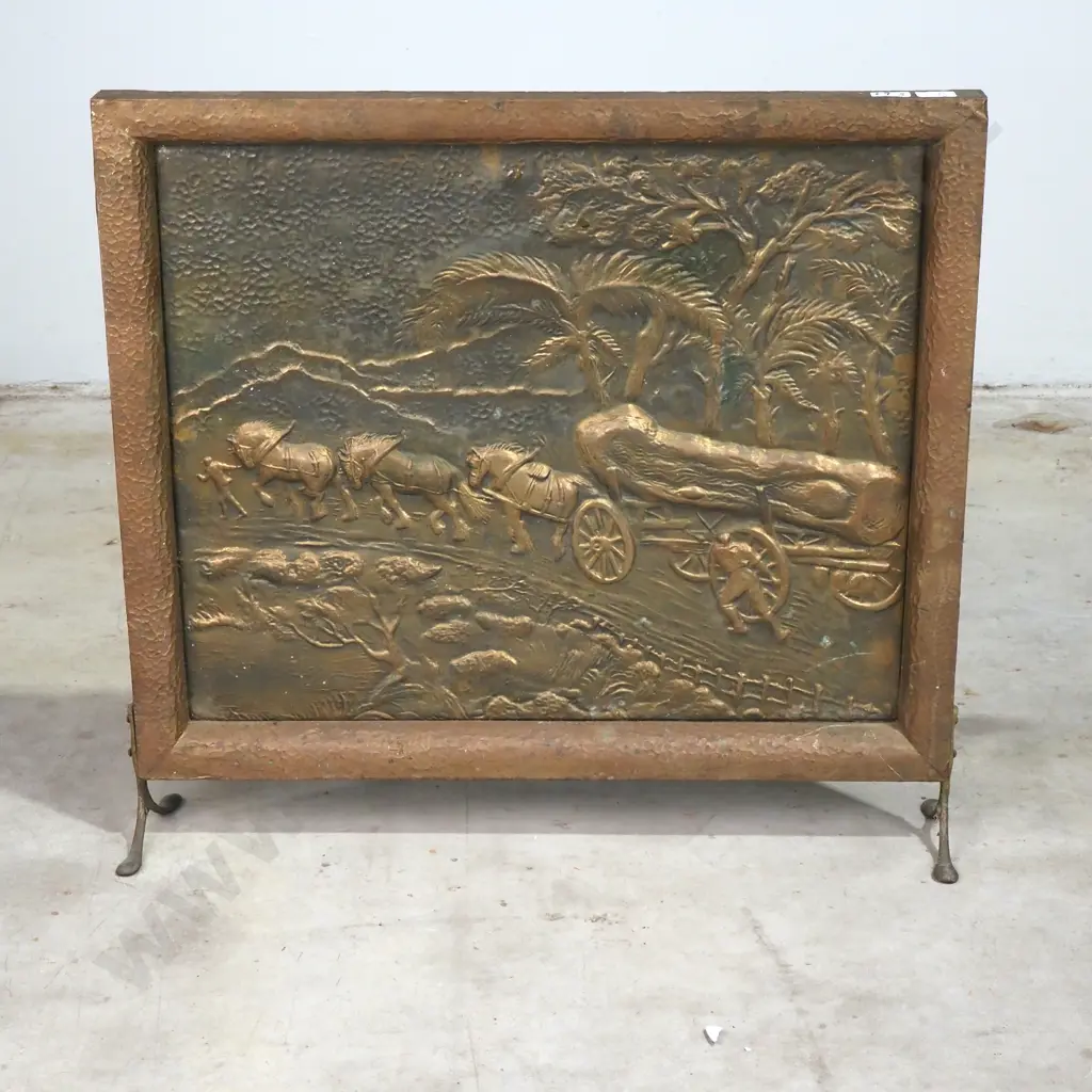 Vintage Brass Fire Screen Featuring a Colonial  Logging Scene Image 1++