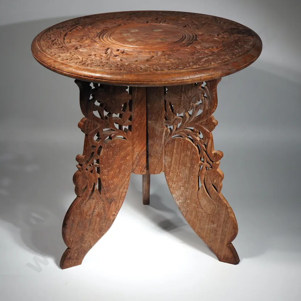 Carved Indian Occasional Tabe on A Carved Fretwork  Three Point Base & Inlaid With Brass Floral Decoration Image 1++