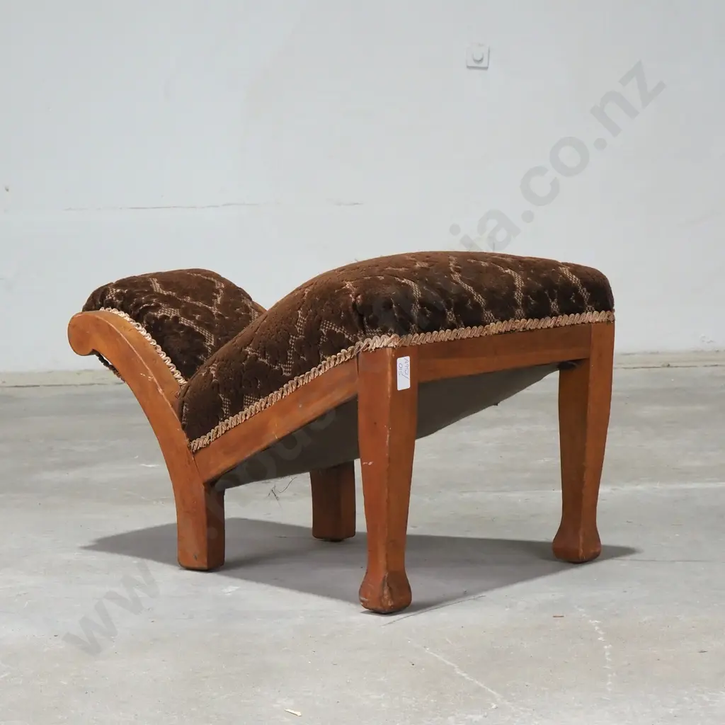 Vintage Wood-Framed Slipper Chair w Brown Damask Pattern Upholstery Image 1++