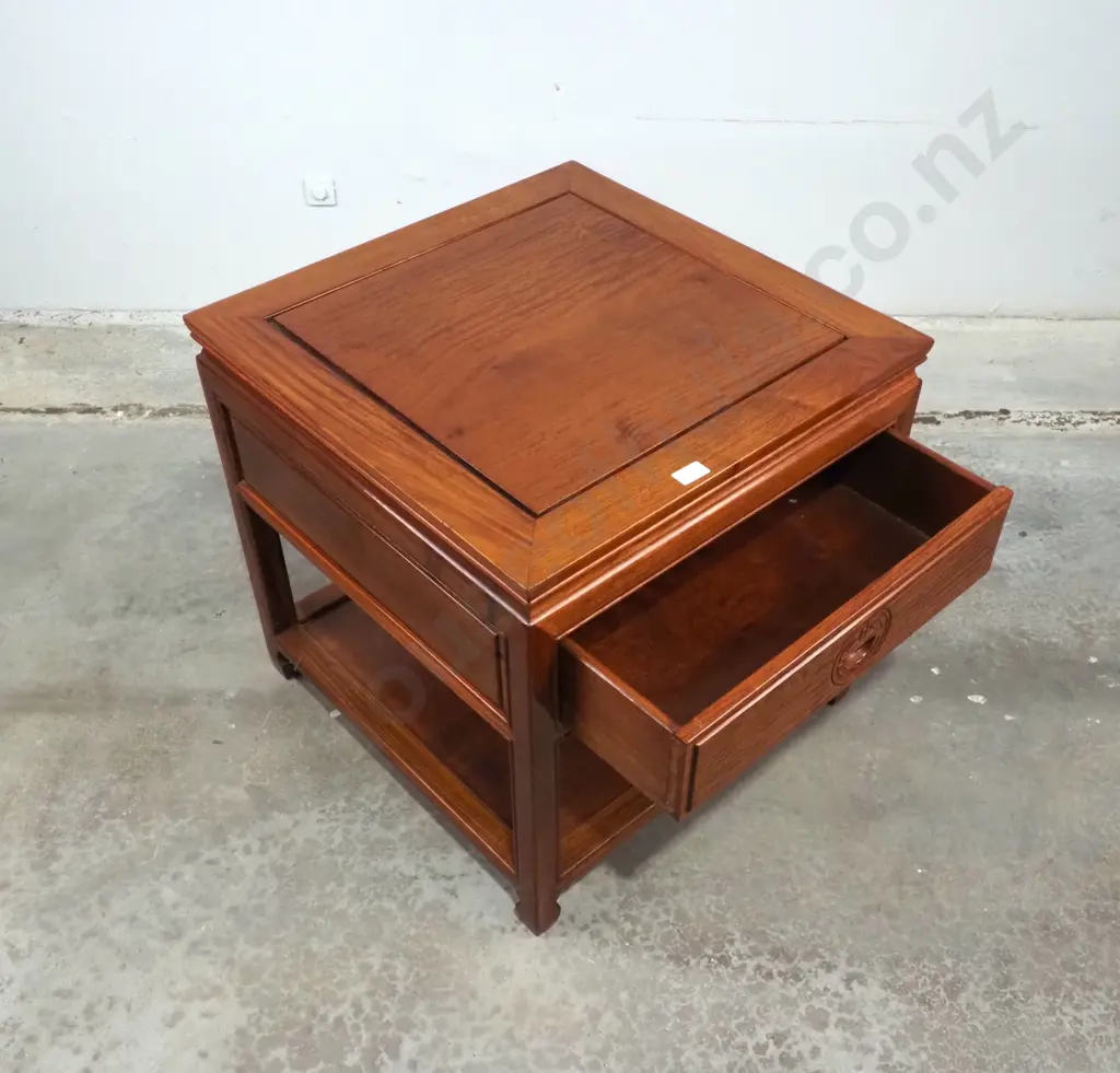 Vintage Chinese Rosewood Side Table Or Nightstand w A Frieze Drawer w Carved Oriental Symbol Handle Image 1++