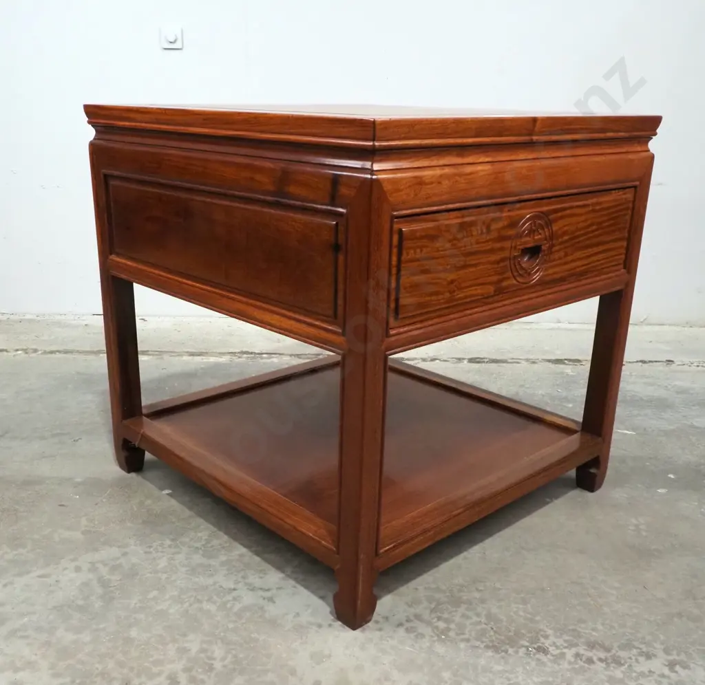 Vintage Chinese Rosewood Side Table Or Nightstand w A Frieze Drawer w Carved Oriental Symbol Handle Image 1++