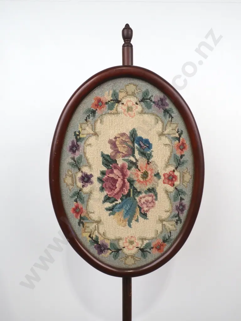 Vintage Needlepoint Fireside Pole Screen w Adjustable Oval Shield On a Tripod Base Image 1++