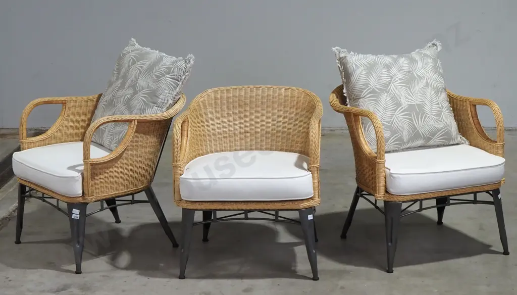 Three Wrought Iron and Wicker Chairs w Cushions Image 1++