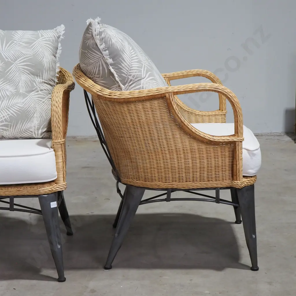 Three Wrought Iron and Wicker Chairs w Cushions Image 1++