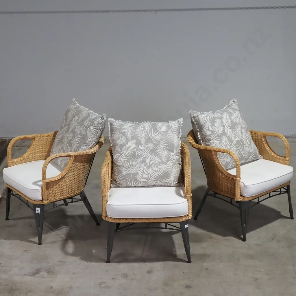 Three Wrought Iron and Wicker Chairs w Cushions Image 1++