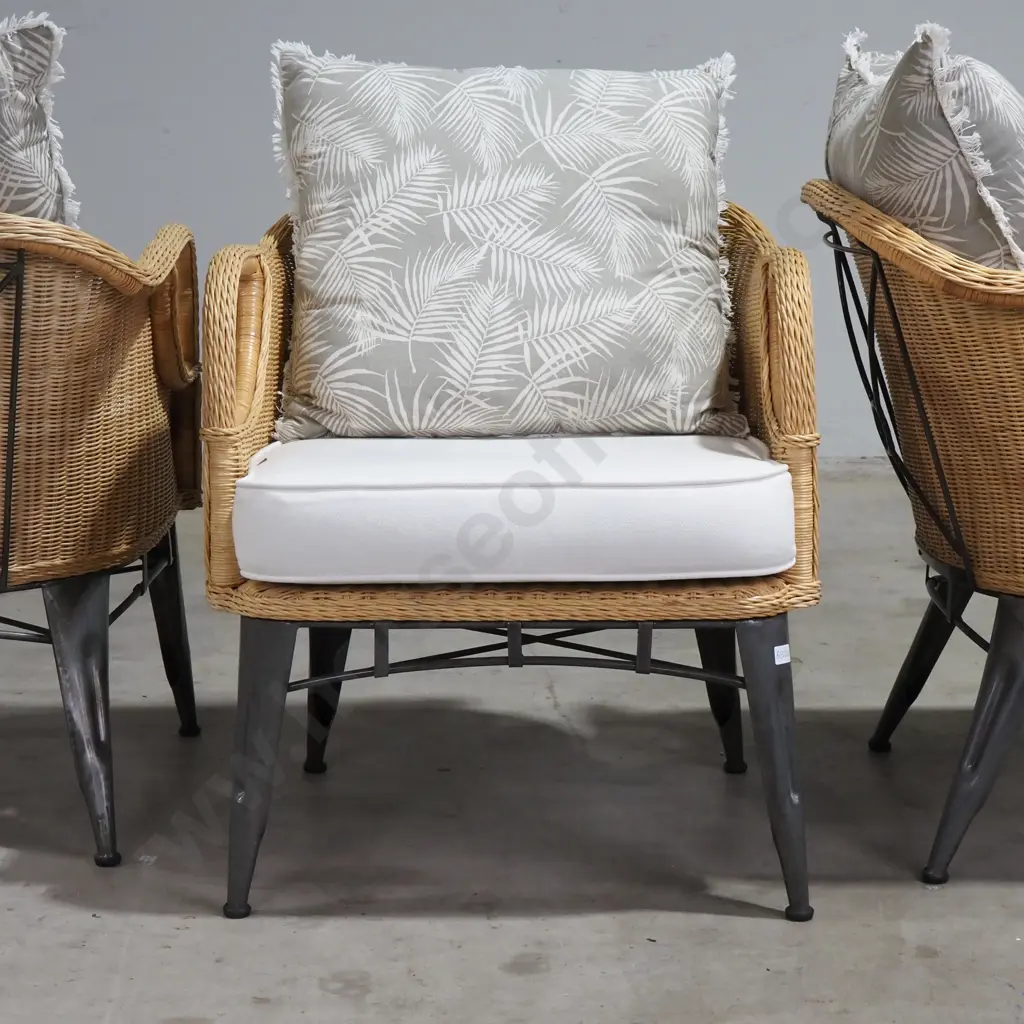 Three Wrought Iron and Wicker Chairs w Cushions Image 1++