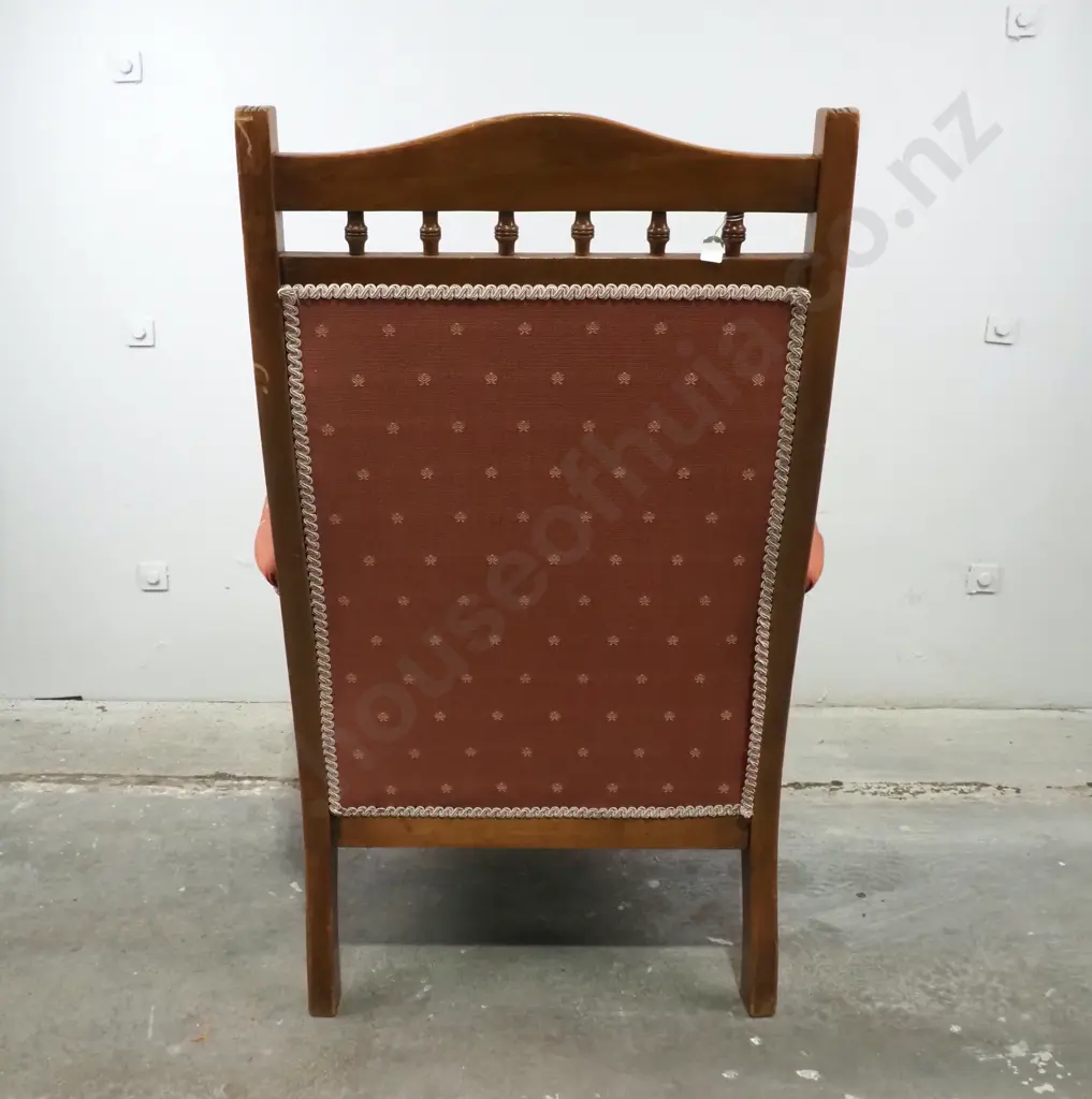 Edwardian Deep Buttoned Gents Armchair w Timber Frame & Spindle Gallery Image 1++