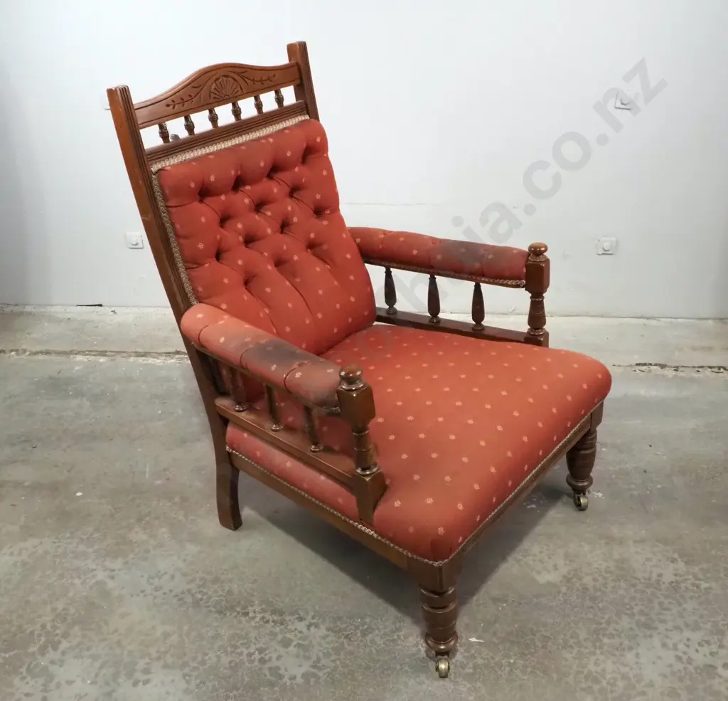 Edwardian Deep Buttoned Gents Armchair w Timber Frame & Spindle Gallery Image 1++