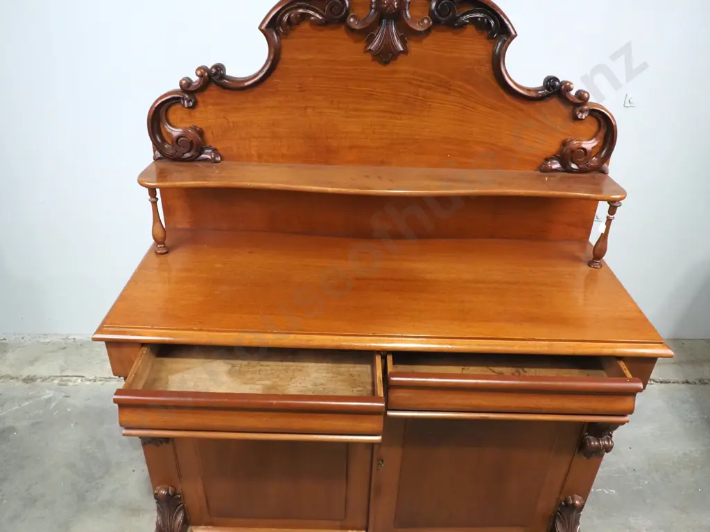 Victorian Mahogany Chiffonier w Two Doors Below a Frieze Drawer & A  Raised Back w Shelf & Ornate Carved Mouldings Image 1++