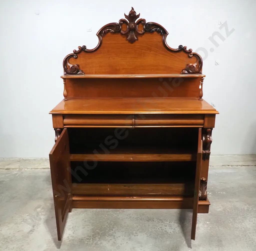 Victorian Mahogany Chiffonier w Two Doors Below a Frieze Drawer & A  Raised Back w Shelf & Ornate Carved Mouldings Image 1++