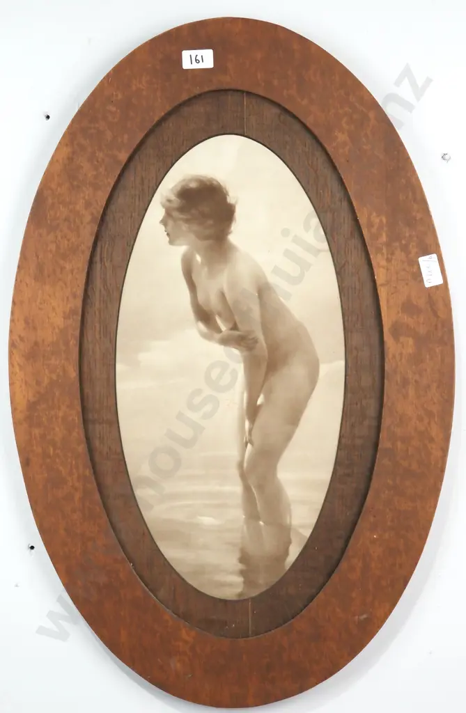 Oval Art Deco Oak Framed Monochrome Photograph Of a Nude Standing In The Water Image 1++
