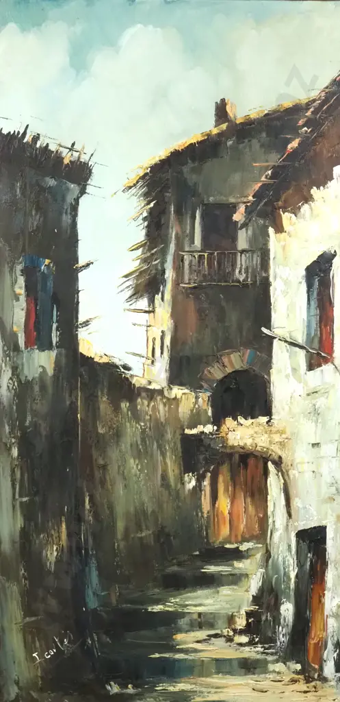 J Cortes? European Village Scene. Oil on Board. Signed Image 1++