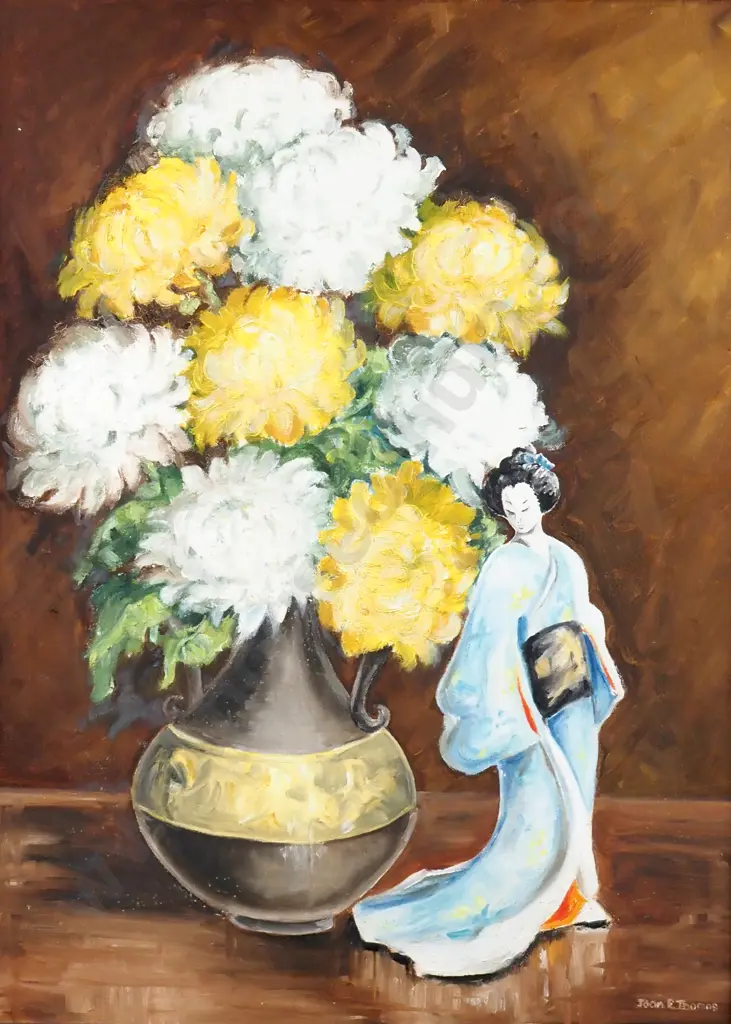 Joan E. Thomas - Japanese Lady w Vase of Chrysanthemums, Oil Image 1++