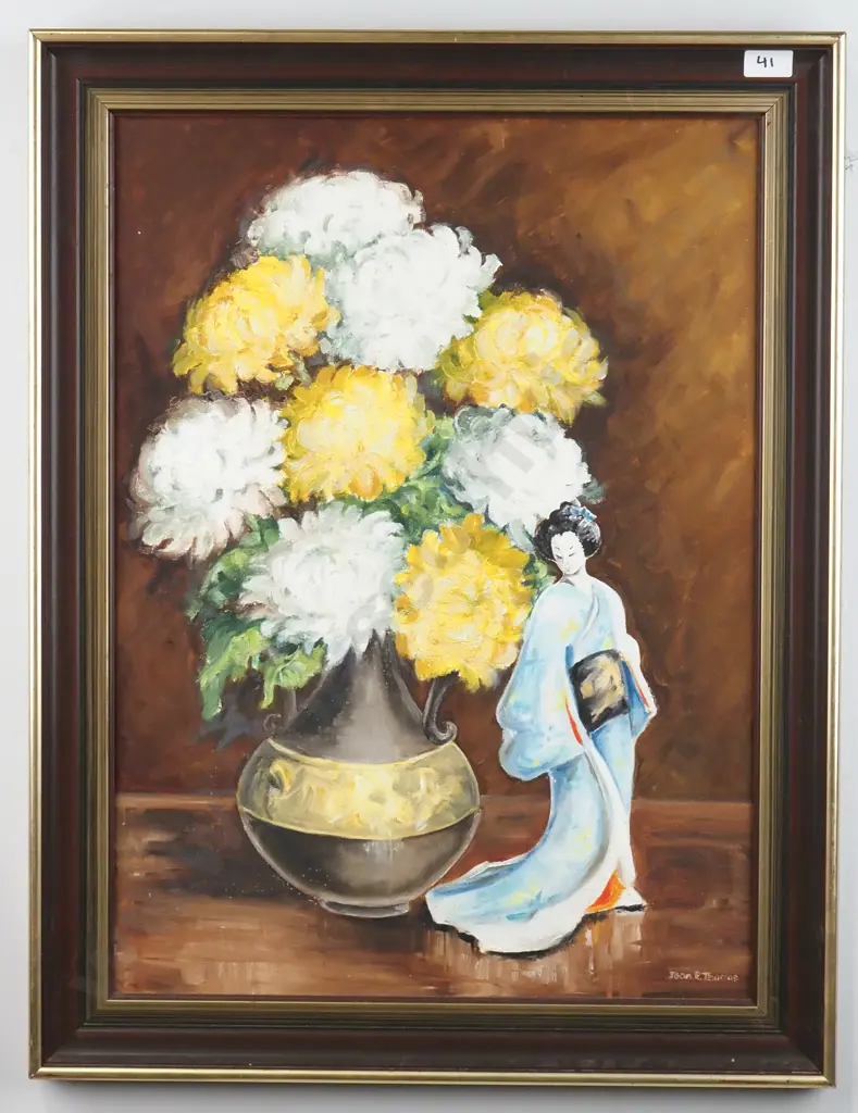 Joan E. Thomas - Japanese Lady w Vase of Chrysanthemums, Oil Image 1++