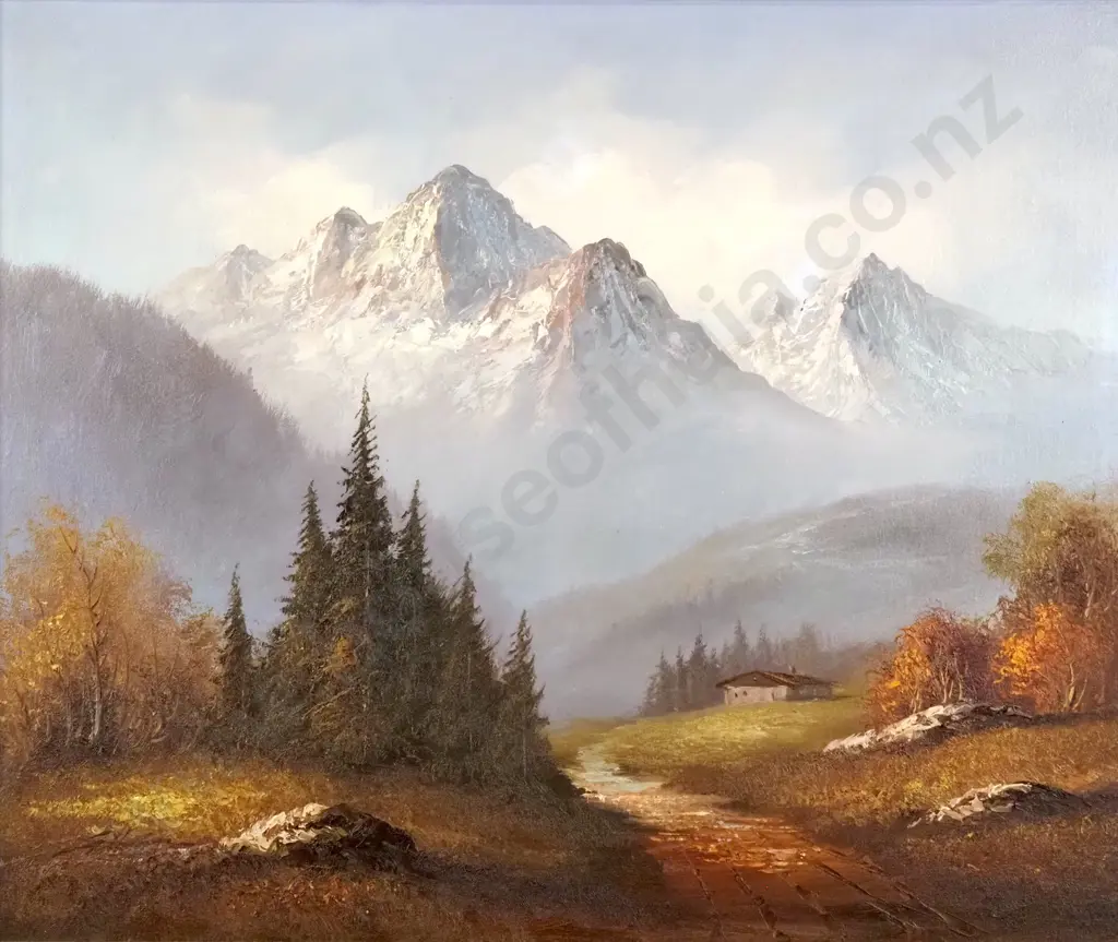 Artist Unknown - Landscape Painting w Mountains, Oil Image 1++