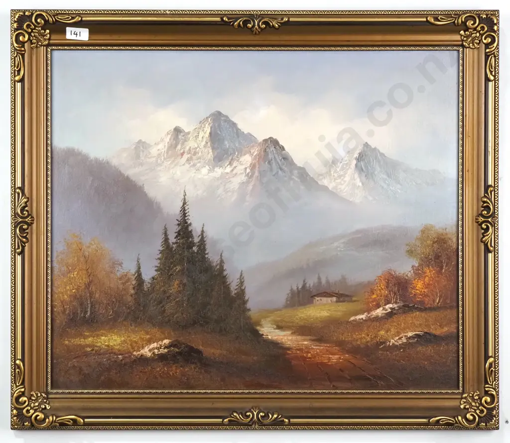 Artist Unknown - Landscape Painting w Mountains, Oil Image 1++