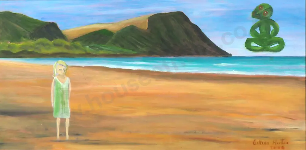 Gillian Horton - Beach Scene With Girl & Tiki, Oil Image 1++