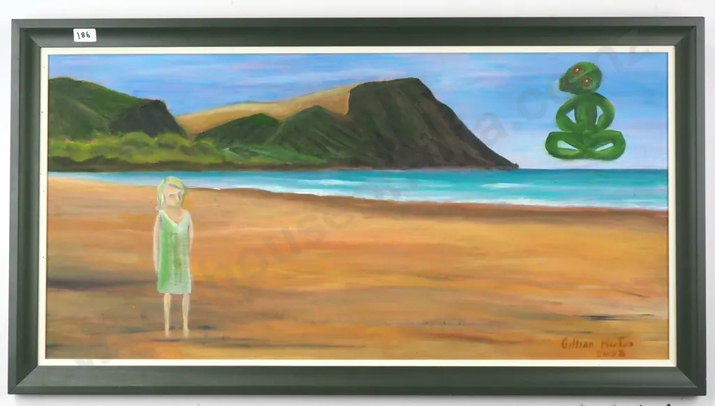 Gillian Horton - Beach Scene With Girl & Tiki, Oil Image 1++