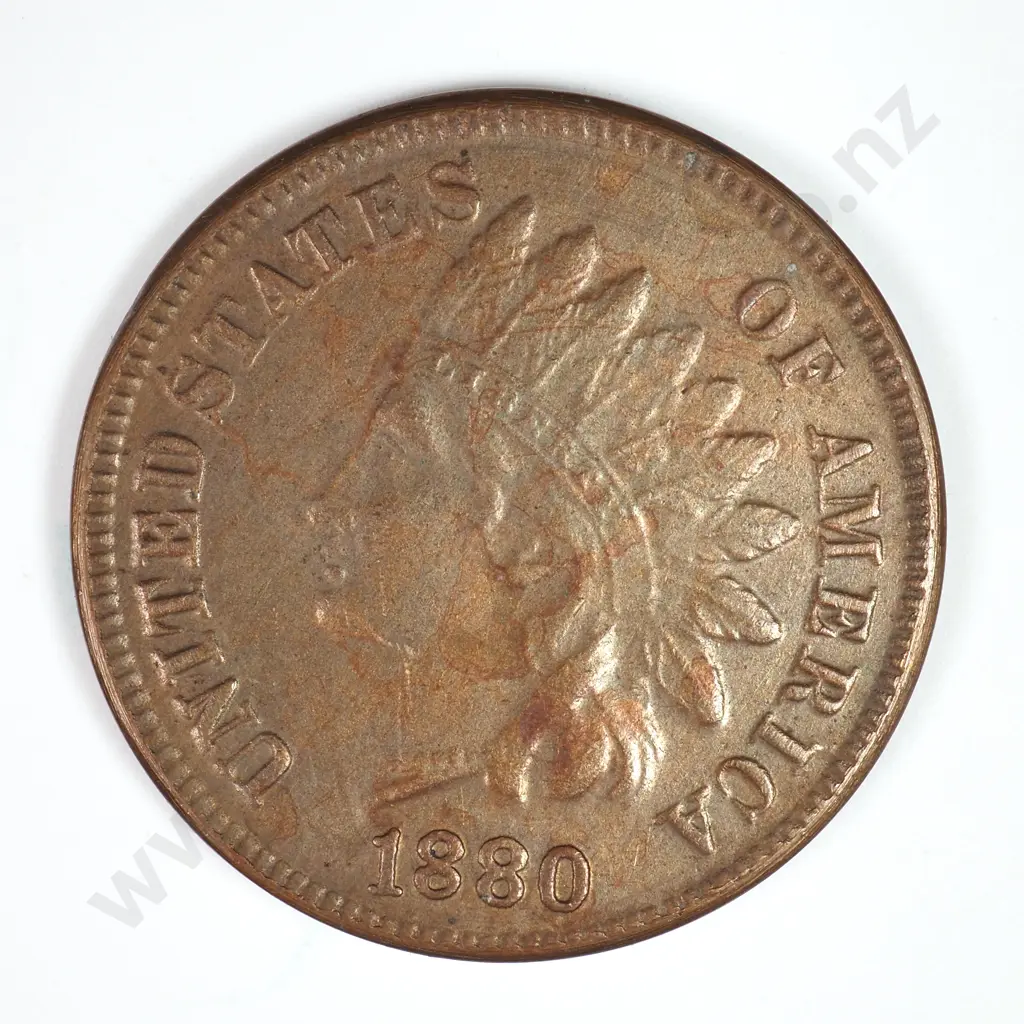 Indian Head Cent: 1880 - Almost Uncirculated. C.V USD $73 ( NZD $125 ) Image 1++