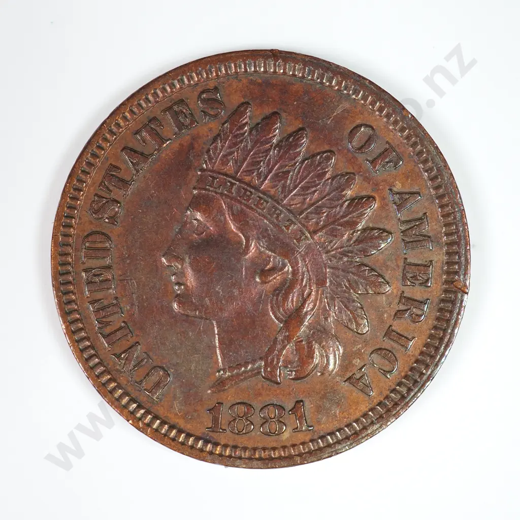 Indian Head Cent: 1881 - Almost Uncirculated. C.V USD $43 ( NZD $75 ) Image 1++