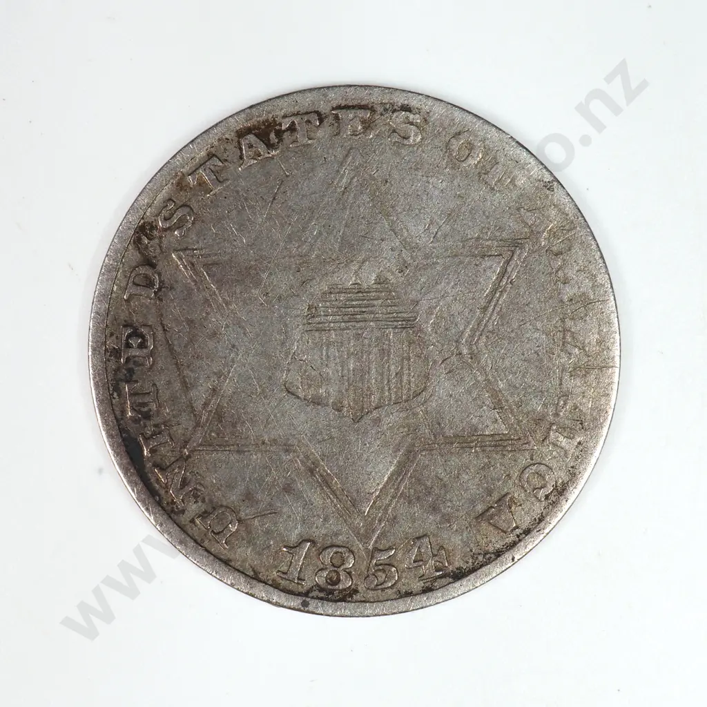 Silver Three Cent: 1854 - Very Good. C.V USD $82 ( NZD $140 ) Image 1++