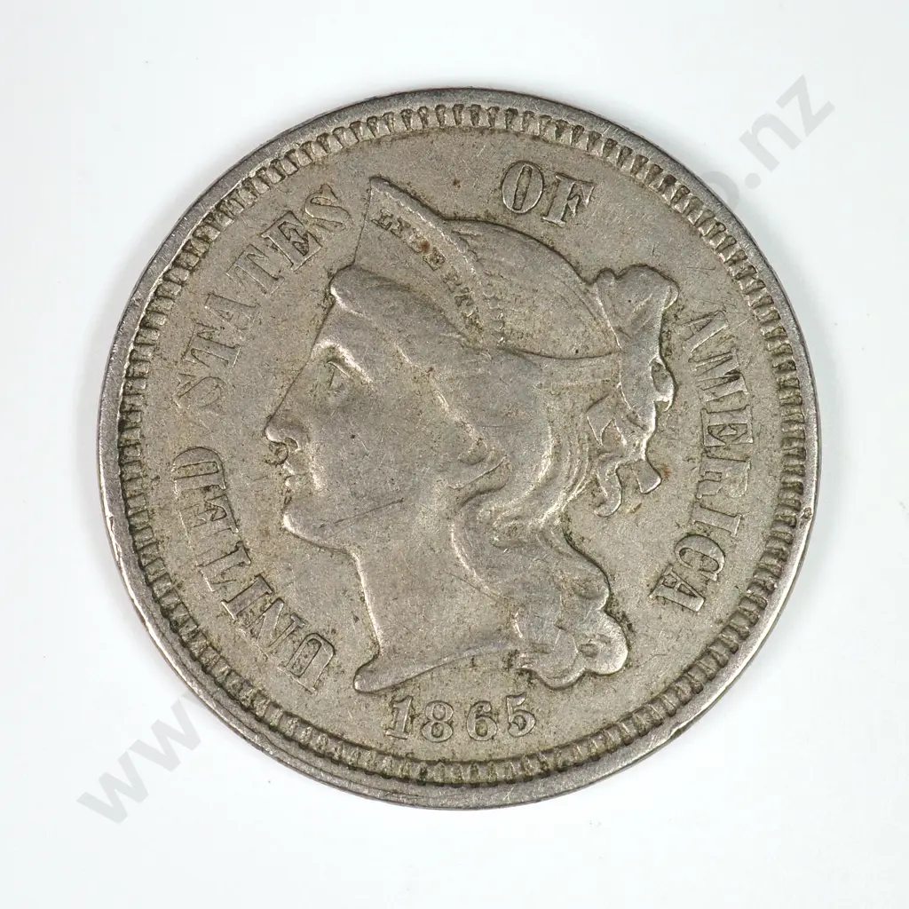 Nickel Three Cent: 1865 - Very Fine. C.V USD $43 ( NZD $75 ) Image 1++