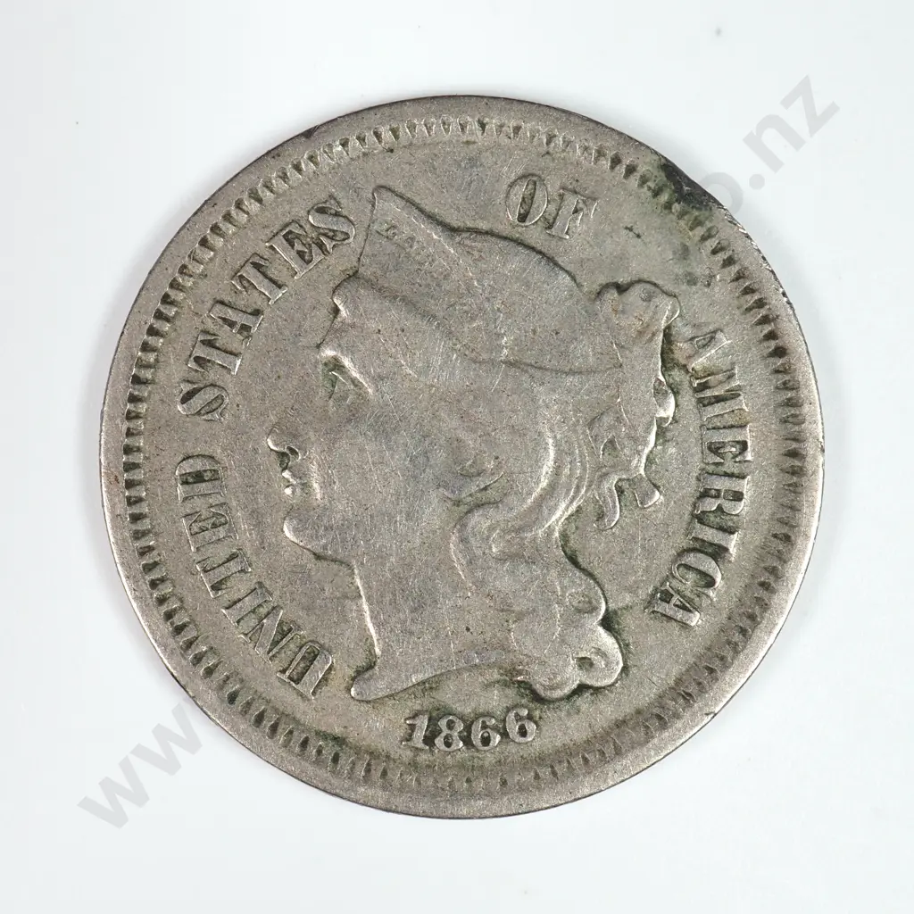 Nickel Three Cent: 1866 - Very Fine. C.V USD $43 ( NZD $75 ) Image 1++