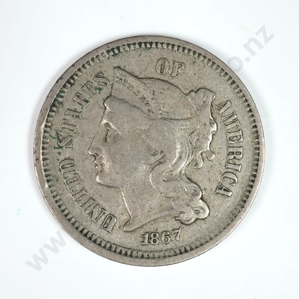 Nickel Three Cent: 1867 - Very Fine. C.V USD $43 ( NZD $75 ) Image 1++