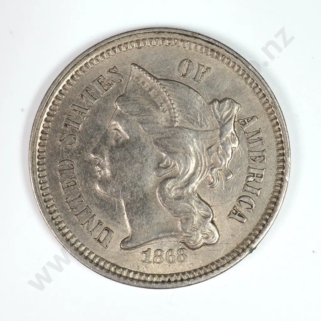 Nickel Three Cent: 1868 - Extremely Fine. C.V USD $61 ( NZD $105 ) Image 1++