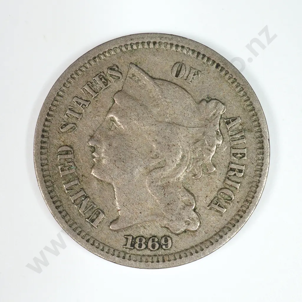 Nickel Three Cent: 1869 - Very Fine. C.V USD $43 ( NZD $75 ) Image 1++