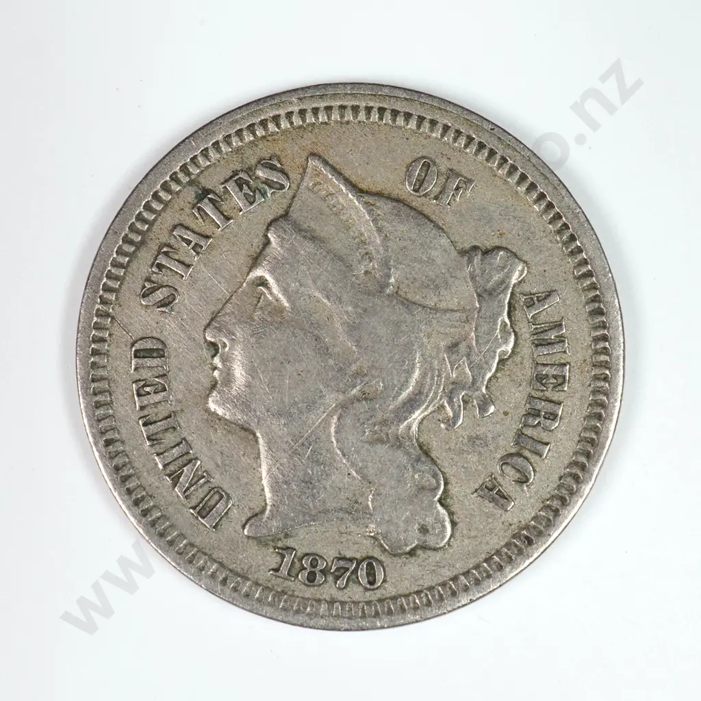 Nickel Three Cent: 1870 - Fine. C.V USD $38 ( NZD $65 ) Image 1++