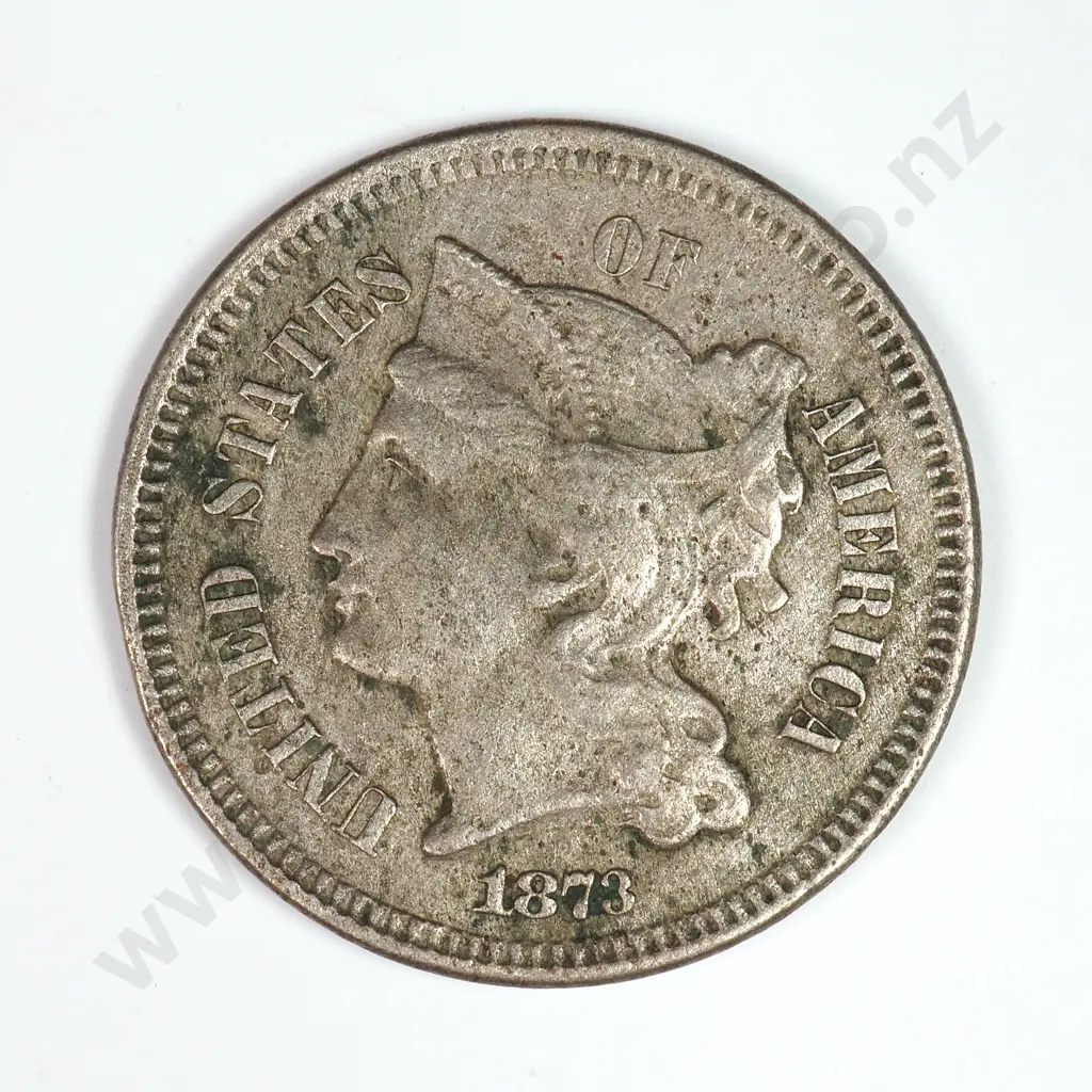 Nickel Three Cent: 1873 Open 3 - Extremely Fine. C.V USD $61 ( NZD $105 ) Image 1++