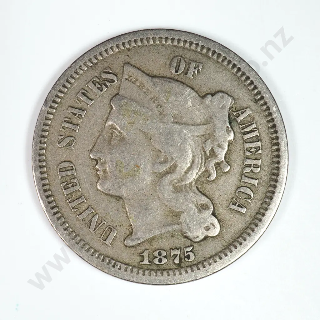 Nickel Three Cent: 1875 - Fine. C.V USD $39 ( NZD $70 ) Image 1++
