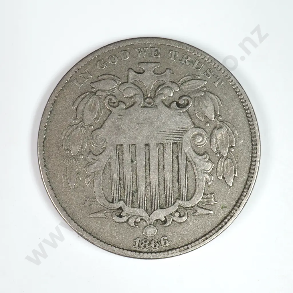 Shield Nickel: 1866 With Rays - Very Fine. C.V USD $123 ( NZD 215 ) Image 1++