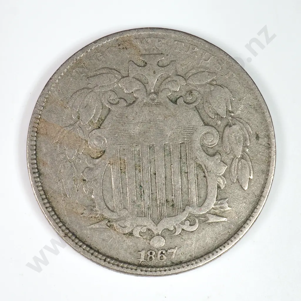 Shield Nickel: 1867 Without Rays - Fine. C.V USD $30 ( NZD 50 ) Image 1++