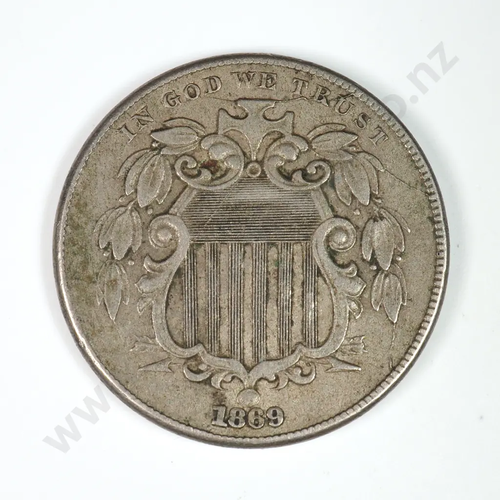 Shield Nickel: 1869 - Very Fine. C.V USD $56 ( NZD 95 ) Image 1++