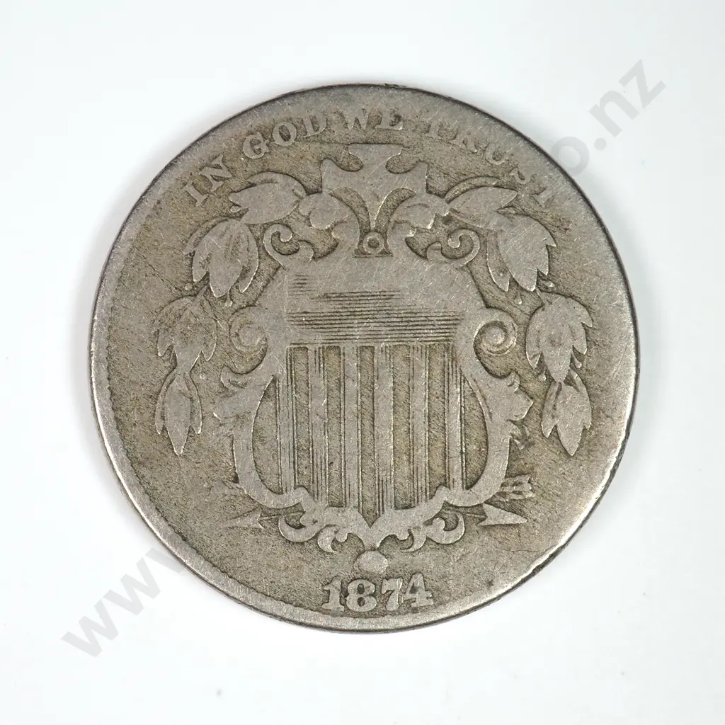 Shield Nickel: 1874 - Fine. C.V USD $92 ( NZD 160 ) Image 1++