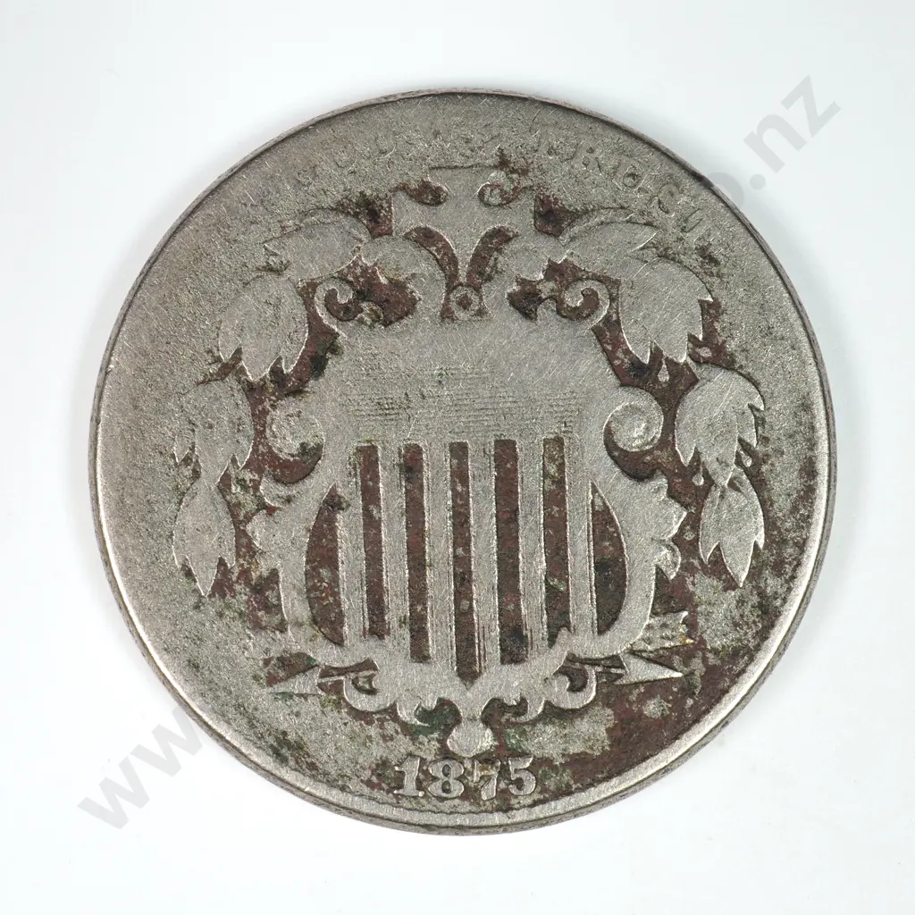 Shield Nickel: 1875 - Good. C.V USD $61 ( NZD $105 ) Image 1++