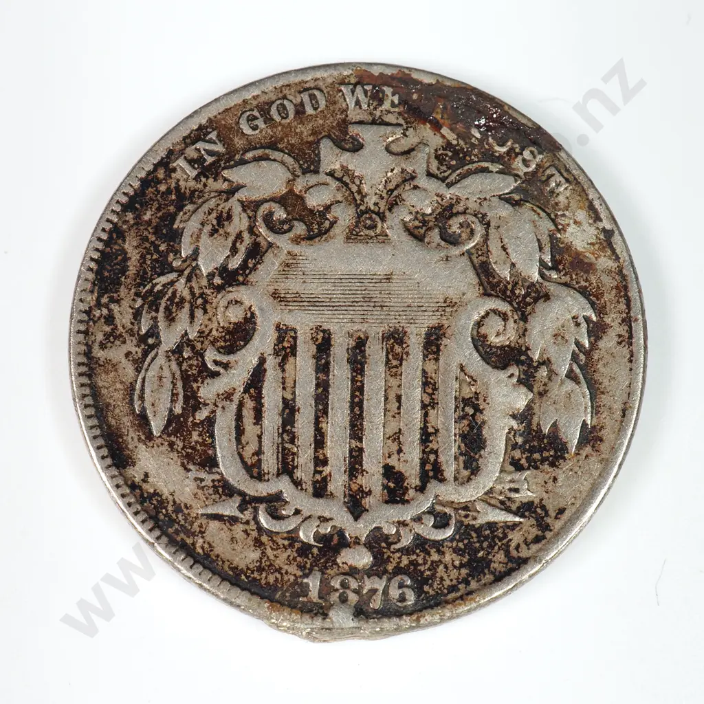 Shield Nickel: 1876 - Ex Mount Below Plus Dirty Else Very Fine. Image 1++