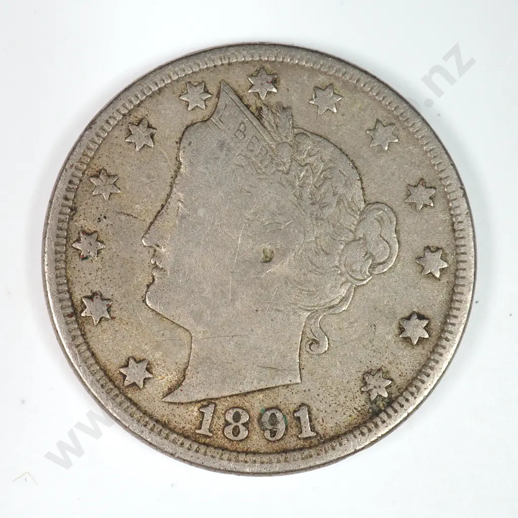 Liberty Nickel: 1891 - Very Good. C.V USD $15 ( NZD 25 ) Image 1++