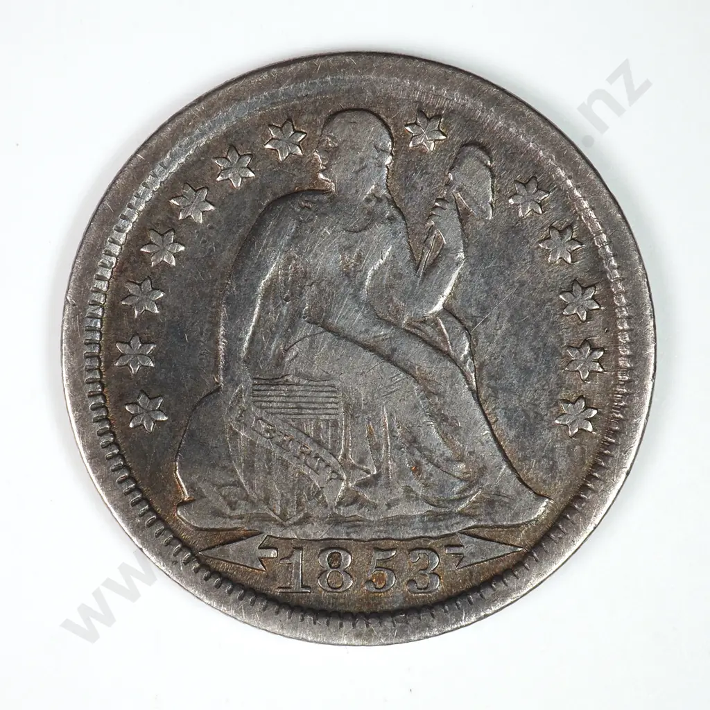 Dime - Capped Bust & Seated Liberty: 1853 Arrows - Very Fine. C.V USD $42 ( NZD $70 ) Image 1++